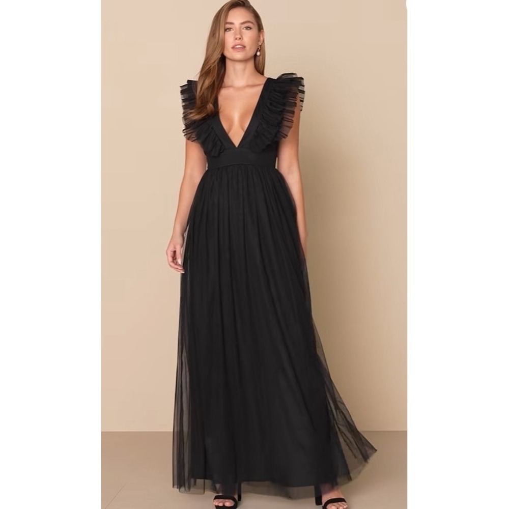Lulus Simply Delighted Black Mesh Ruffled Backless Maxi Dress Size Large